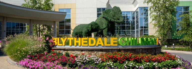 Exterior of Blythedale Children's Hospital with elephant topiaries